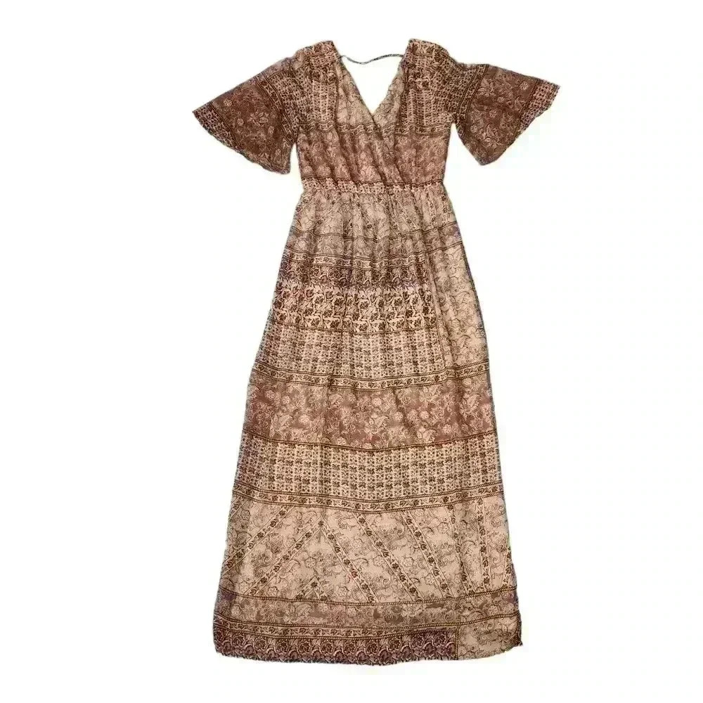 Lily Rose Long Mazi Dress Flare Sleeve Size M Neutral Colors Sheer With Lining